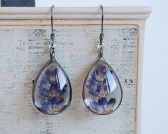 Glass terrarium earrings, real lavender flowers 925 sterling silver Earrings