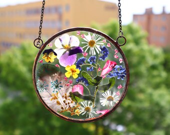 Home window decor with meadow  forget me not flowers, baby breath pressed flower, pressed flower frame, framed dried flowers