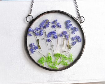 Home window decor with forget me not flowers  moss pressed flower, pressed flower frame, framed dried flowers