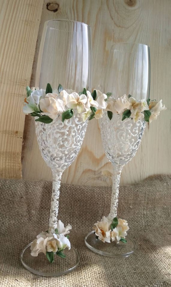 Wedding Champagne Flutes Toasting Glasses Ivory Weddings | Etsy