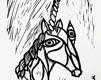 Original Unicorn Linocut Print Unicorn Tapestry Hand Carved Block Print ...