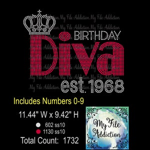Strass Vorlage Download Datei Birthday Diva Groß mit Krone Est Jahr - Enthält die Zahlen 0-9 svg dxf eps plt