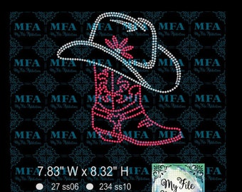 May include: Rhinestone design of a cowboy boot and hat. The boot is pink and white, and the hat is white with a pink flower. The design is 7.83 inches wide and 8.32 inches high. The design uses 27 clear rhinestones, 234 light blue rhinestones, and 377 pink rhinestones for a total of 727 rhinestones.