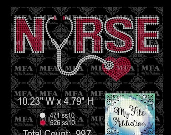 May include: A rhinestone design of the word "NURSE" with a stethoscope and a red heart. The design is 10.23 inches wide and 4.79 inches high. It is made up of 471 clear rhinestones and 526 red rhinestones for a total of 997 rhinestones.