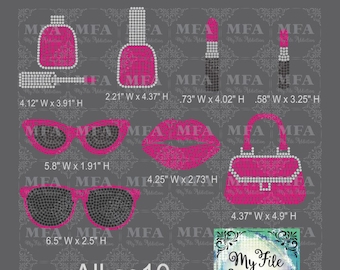 Rhinestone Template Download File - Glam Bundle Nail Polish Lipstick Sunglasses Purse Lips svg dxf eps plt