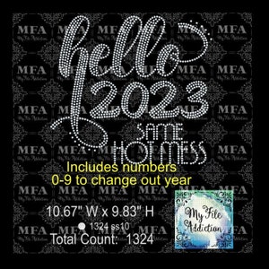 Modèle avec strass à télécharger fichier Bonjour nouvel an même désordre 2024 2025 2026 2027 2028 2029 2030 svg dxf eps plt