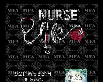 May include: Rhinestone design for a t-shirt or other apparel featuring the words "Nurse Life" with a stethoscope and a red heart. The design is 9.21 inches wide and 6.3 inches high and uses 578 clear rhinestones and 113 red rhinestones for a total of 691 rhinestones.