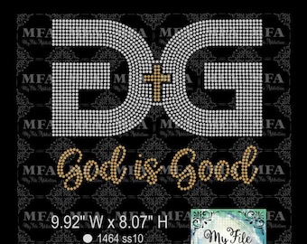 May include: Rhinestone design of the letters DG with a cross in between, with the text "God is Good" below. The design is 9.92 inches wide and 8.07 inches high and uses 1464 clear rhinestones and 338 gold rhinestones.