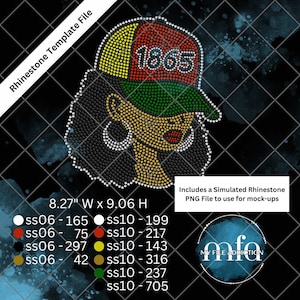May include: A rhinestone template design featuring a woman's face with a black afro, wearing a green, yellow, and red baseball cap with the number "1865" on it. The design includes a variety of rhinestone sizes and colors, including white, red, black, yellow, and green.