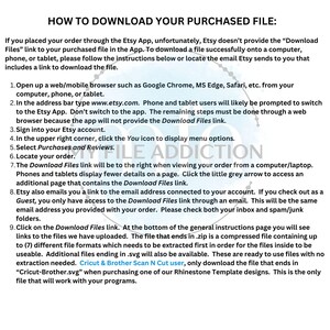 May include: White text on a white background provides instructions on how to download a purchased file from Etsy. The text includes numbered steps and explains how to access the download link via a web browser or email. The My File Addiction logo is also visible.