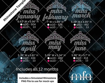 Modèle de strass à télécharger fichier Miss Birthday Month 2 svg dxf eps plt - comprend les 12 mois