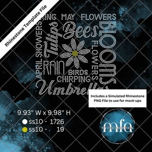 Pode incluir: Um design de modelo de strass com as palavras "Showers May Flowers Bees Rain Birds Chipping Umbrella" dispostas em um círculo em torno de uma margarida. O design tem 9,93 polegadas de largura e 9,98 polegadas de altura. Inclui dois tamanhos de strass: ss10-1726 e ss10-19.