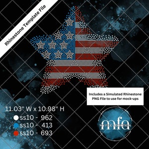 May include: A rhinestone template design of a star-shaped American flag with red, white, and blue rhinestones. The design measures 11.03 inches wide by 10.98 inches high. The template includes 962 white, 413 blue, and 693 red rhinestones.