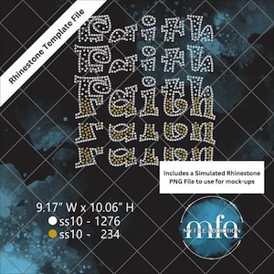 May include: A digital rhinestone template file with the words "Faith, Reason, Freedom" in a sparkling design. The file includes a simulated rhinestone PNG for mock-ups. The design measures 9.17" W x 10.06" H.