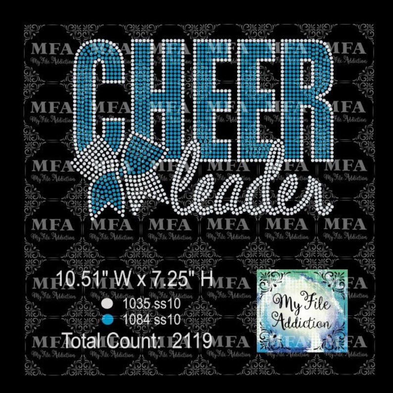 May include: A black background with the words "CHEER Leader" in a rhinestone design. The text is in white and light blue rhinestones. The design is 10.51 inches wide and 7.25 inches high.