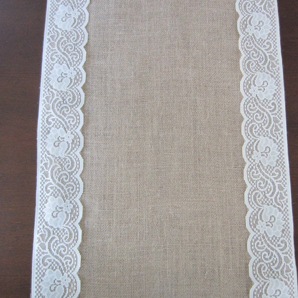 Burlap and ivory lace table runner - wedding table runner - rustic wedding - farmhouse decor - tablescape spring summer decor - garden party