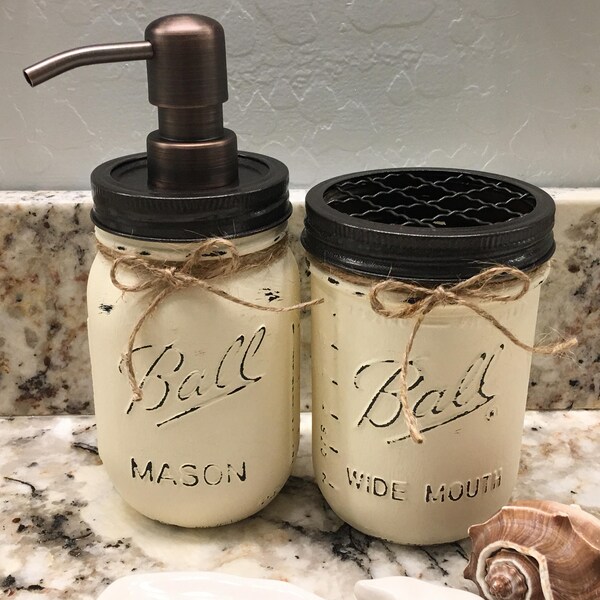 Ball Pint Mason Jar,17 add'l Colors, Toothbrush Holder, Soap Dispenser, Kitchen, Bathroom Set, Bronze Pump, Nickel Pump,