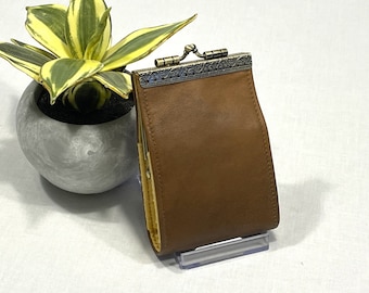 Distressed Brown Leather, Credit Card Wallet, Bronze Kisslock Frame, RFID Lined Case, Perfect Stocking Stuffer with a Gift Card