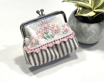 Pretty in Pink Vintage Embroidered Flowers and Canvas Ticking Essential Bag, 4" Silver Kisslock Frame