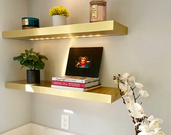 Floating shelf, kitchen shelves, wall shelf with led striplight Golden (solid stainless-brushed brass ) laminated modern wooden