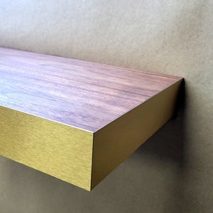 Walnut Floating Shelf with Brushed Brass Edges: Modern Wall Decor