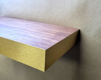 Shelf, floating shelves, Walnut modern floating shelf with brushed brass edges