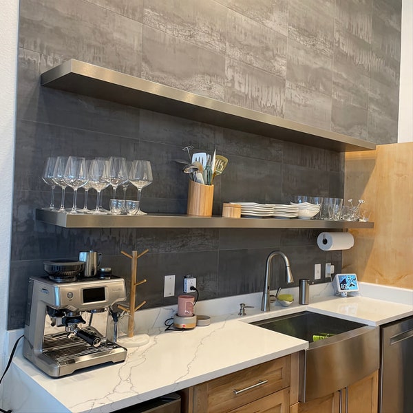 Custom Modern Stainless Steel Floating Shelf,kitchen metal shelves( Laminated with 0'8 mm solid hairline stainless)