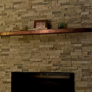 curved, hammered oxidized copper shelf, mantel,