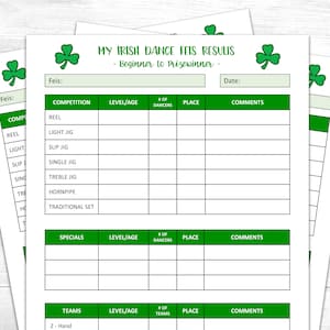Pode incluir: Papel branco com detalhes verdes e o texto "MY IRISH DANCE FEIS RESULTS - Beginner to Prizewinner". O papel inclui seções para os resultados da competição, como Reel, Light Jig e Treble Jig.