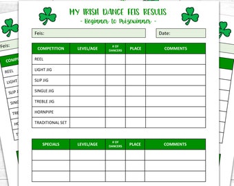 Irish Dance Feis Record for Beginner through Prizewinner Dancer, Irish Dancing Printable, Digital Instant Download PDF