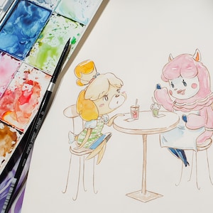 Imprimible Digital Descargar Isabelle y Reese Animal Crossing Starbucks Café Chatting Amigos Acuarela Regalo para Crafts Cards y Más
