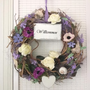 Door wreath summer spring with wooden sign white purple silk flowers natural wreath brushwood wreath year-round gift for housewarming birthday