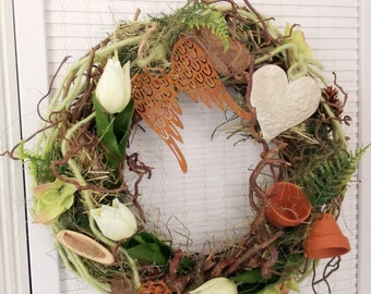 Door wreath spring summer rust decoration clay pots tulips silk flowers white green door decoration simple natural durable all year round mother gift