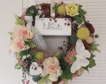 Door wreath apricot white spring summer wooden sign home wreath natural wreath silk flowers gift housewarming birthday Mother's Day all year round