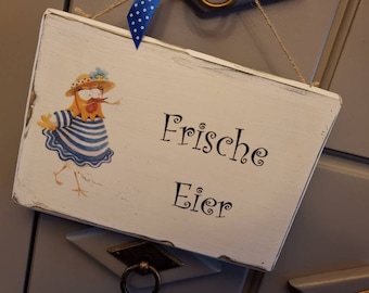 Holzschild, Türschild, Zaunschild, Dekoschild, Hühner, Eier, Tafel, Gartenschild, Hinweisschild, Verkaufsschild, Türdeko, Schrift, Geschenk