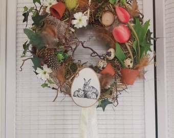 Door wreath, Easter, spring, natural wreath, wooden decoration, brushwood wreath, gift, decoration, garden decoration, tulips, Easter decoration