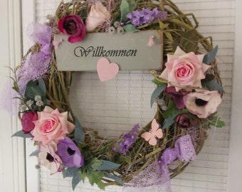 Door wreath with wooden sign rosé purple bordeaux natural wreath brushwood wreath spring summer durable all year round gift Mother's Day housewarming birthday