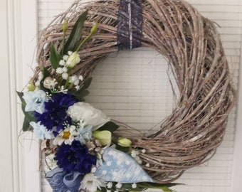 Door wreath blue white 35 cm brushwood wreath natural wreath decorative silk flowers durable spring summer all year round gift housewarming Mother's Day wreath