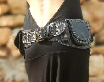 Festival Belt Bag, Utility Bag, Leather Fanny Pack, Black or Brown, Unisex, With 6 Pockets