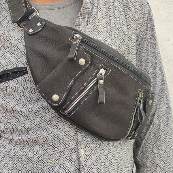 Crossbody Sling Bag, Big Size Fanny Pack, Leather Waist Bag, Unisex Belt Bag, Black Bag, Urban Chic