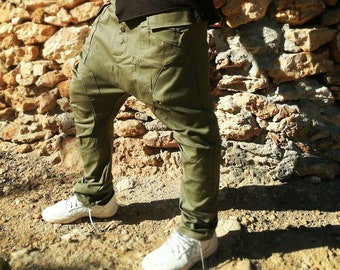 Green Drop Crotch  Pants, Casual Harem Pants,  Festival Pants, Urban Drop Crotch Pants, Cargo Pants, Cotton Pants, Goa Pants