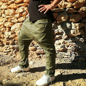 Green Drop Crotch  Pants, Casual Harem Pants,  Festival Pants, Urban Drop Crotch Pants, Cargo Pants, Cotton Pants, Goa Pants