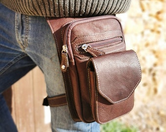 Leather Holster Bag, Hip Belt With Leg Strap, Brown Leather Unisex, Travel Pack, Burning Man, Biker Utility Belt