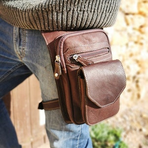 Leather Holster Bag, Hip Belt With Leg Strap, Brown Leather Unisex, Travel Pack, Burning Man, Biker Utility Belt
