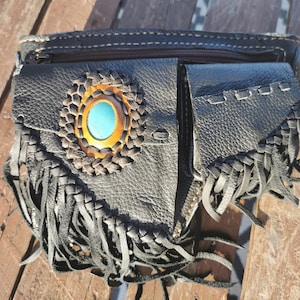 Black Fringed Hip Bag, Festival Belt, Handmade Leather Bag with Stone