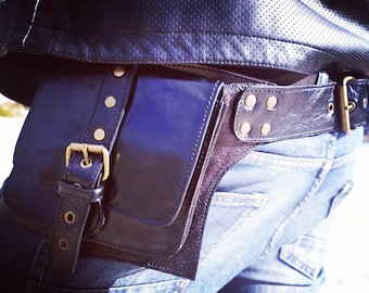 Leather Utility Belt, Festival Fashion, Handmade Hip Belt, Alternative Waist Bag, Motorcycle Belt with two Pocket