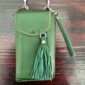 Leather cell phone bag for women, mobile phone crossbody bag, handmade phone purse, birthday present, gift for her, green