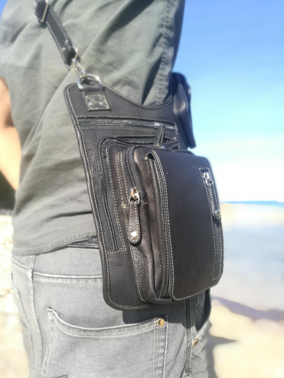 Across the Chest Black Leather Bag Traveller Bag Festival Etsy