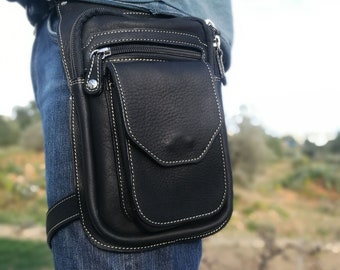 Black Leather Holster Waist Bag with Leg Strap, I Phone Case, Leather Accessories For Men