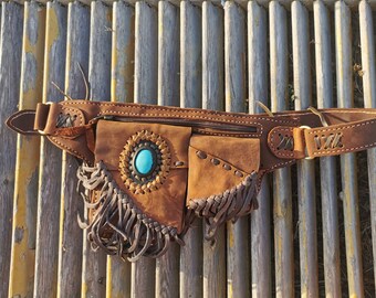 Handmade Leather Fanny Pack, Fringed Turquoise Utility Belt  display picture 2